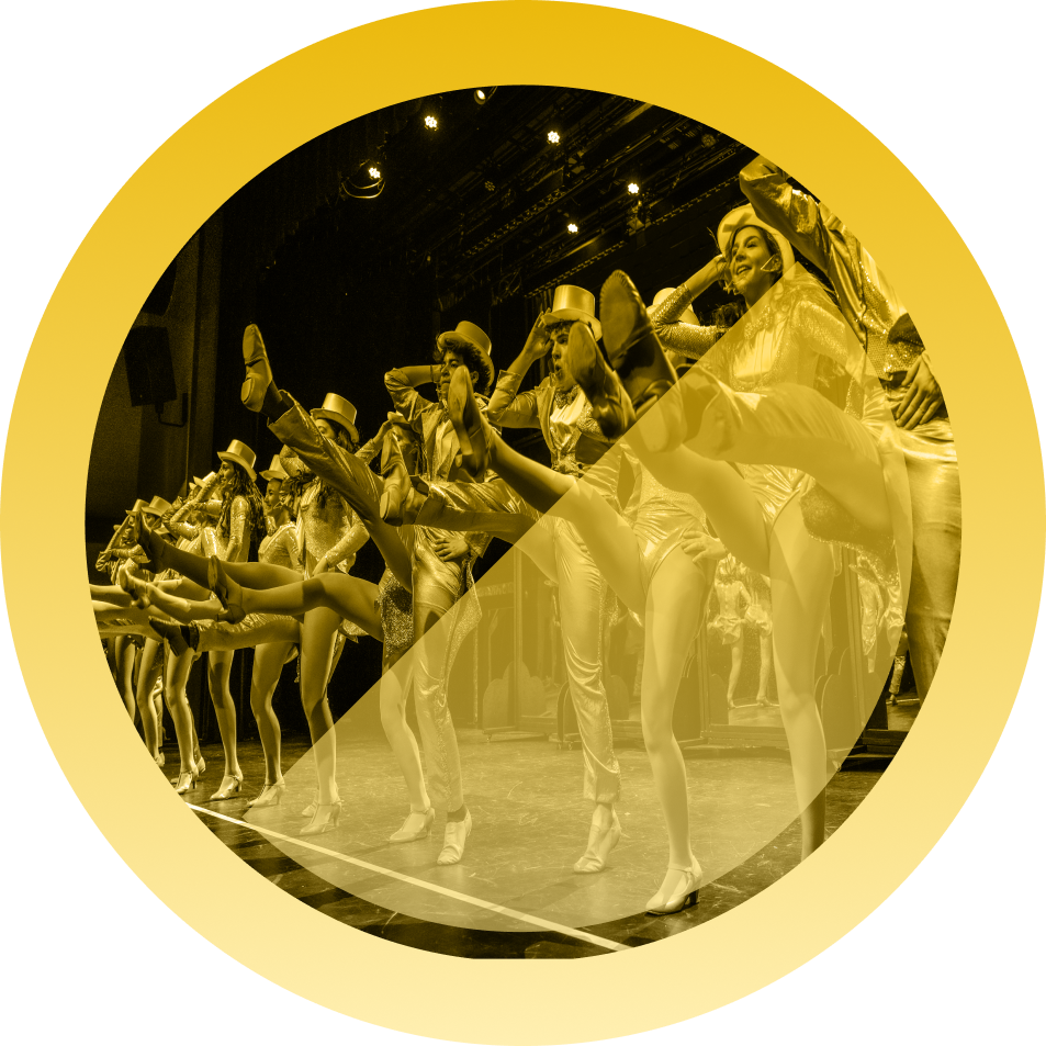 Ghostlight performers in a gold circular collage