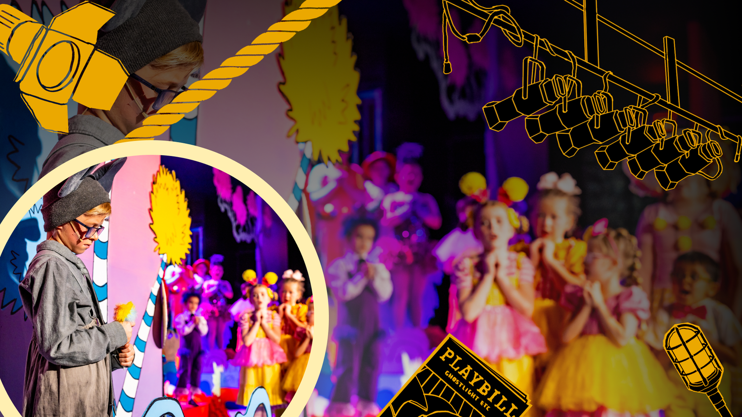 A colorful collage of Ghostlight performers and theatre drawings